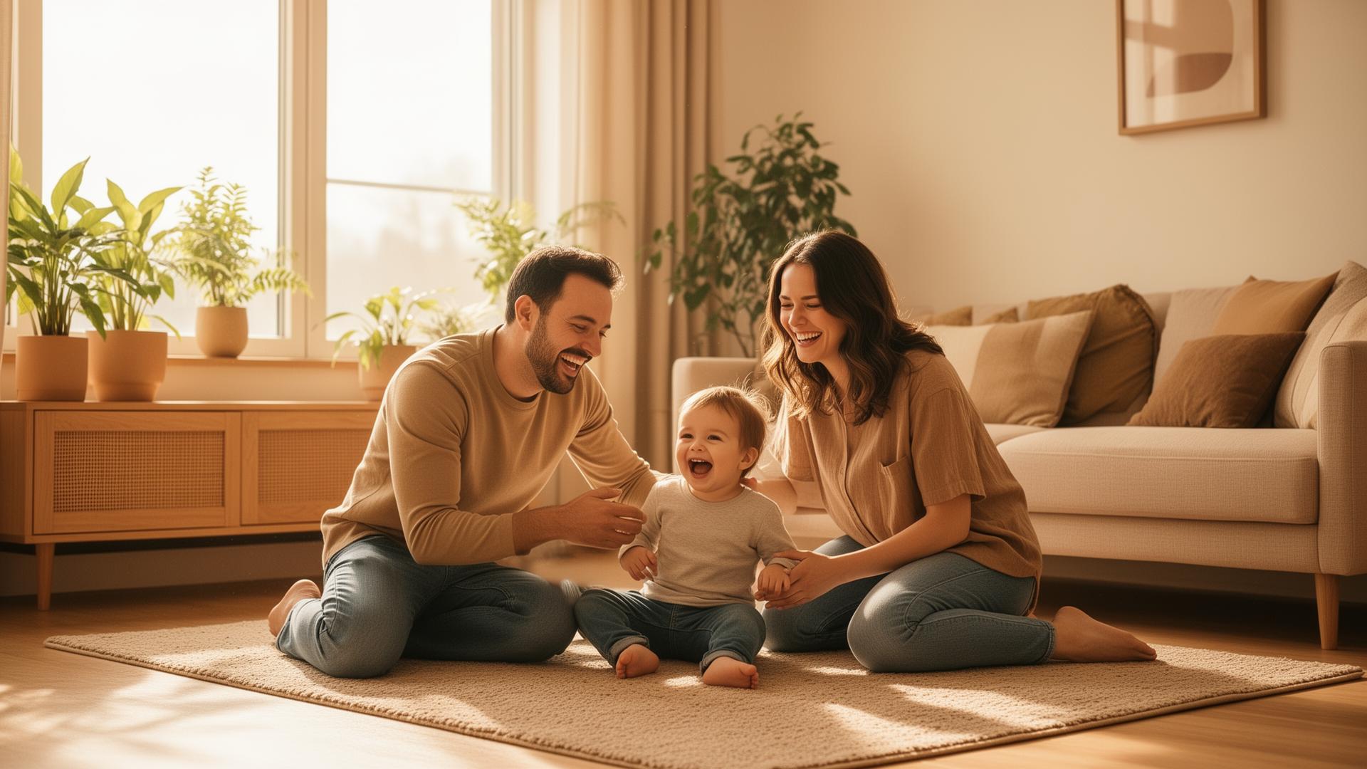 Familia, padre, madre e hijo jugando y riendo en el salón de su hogar